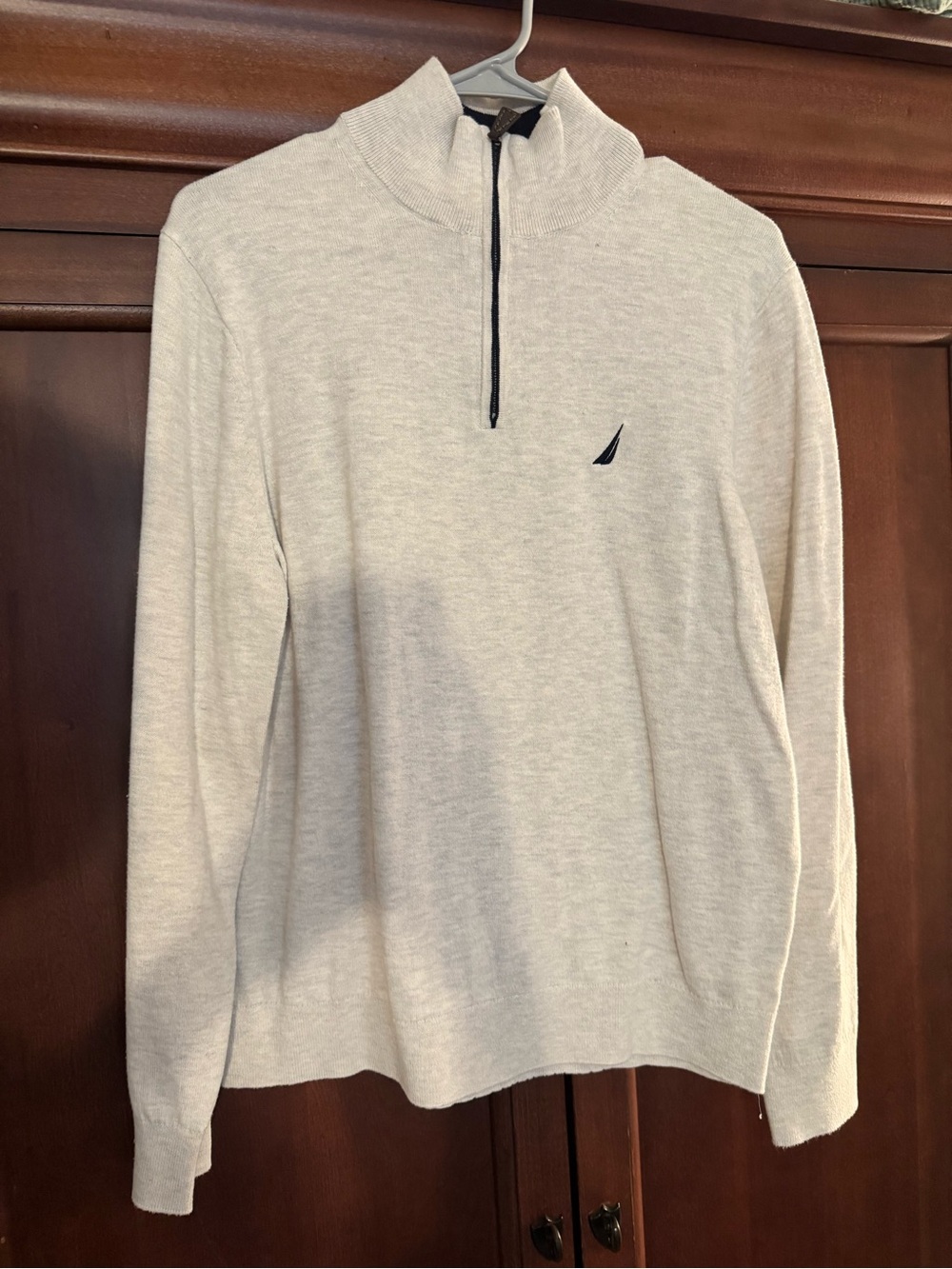 Nautica Men's Light Cream Half-Zip Sweater with Navy Logo